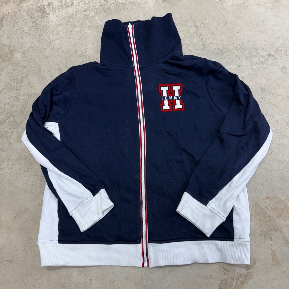 Y2K Tommy Hilfiger Denim Zip Up‎ Jacket Navy White Red Logo Size XL Tall